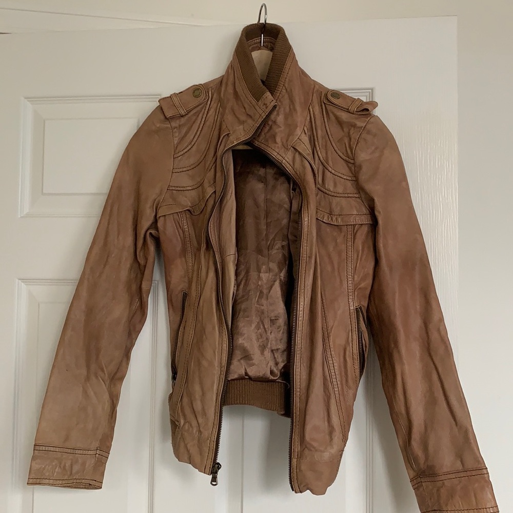 Vintage Tan Leather Guess Bomber Jacket